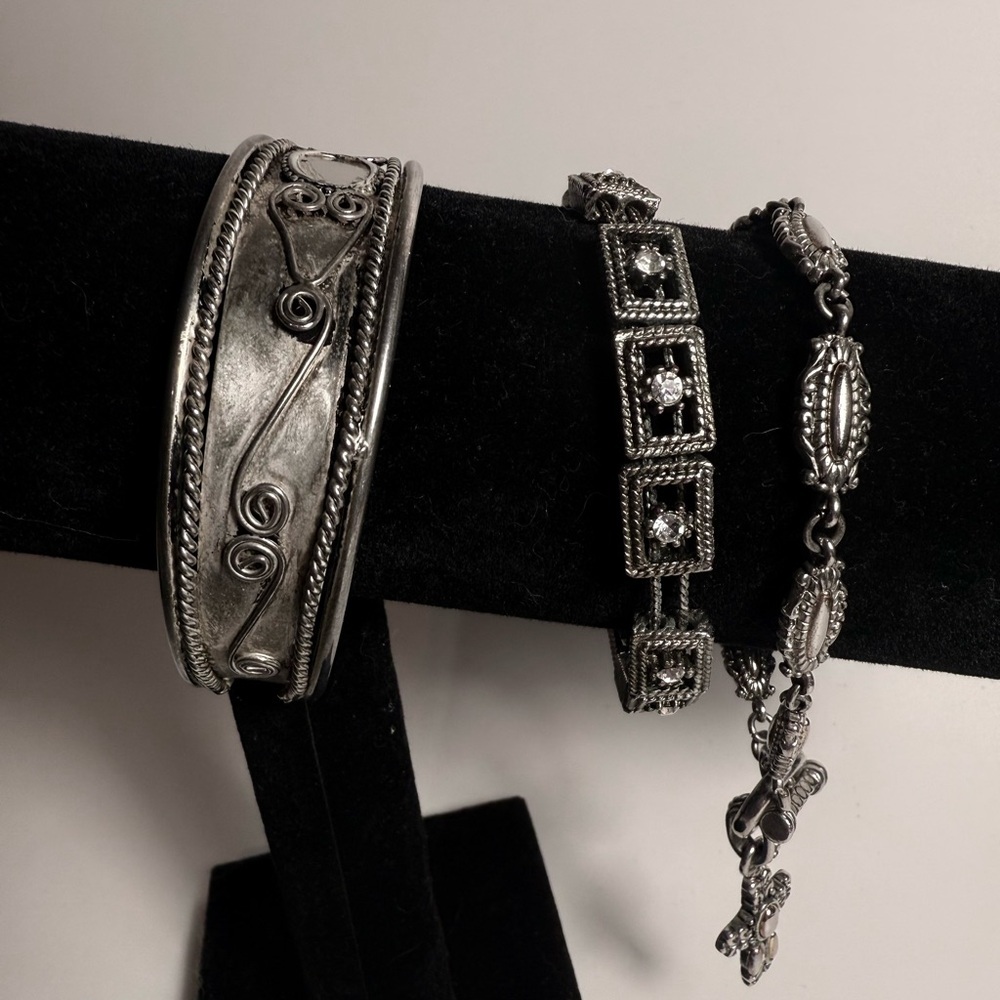 Vintage Silver Tone Bracelet Lot Cuff Cross Rhinestone Link